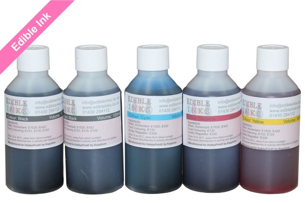 500ml Bottled Edible Ink for Canon Printers - 5 x 100ml Set of CMYKK.